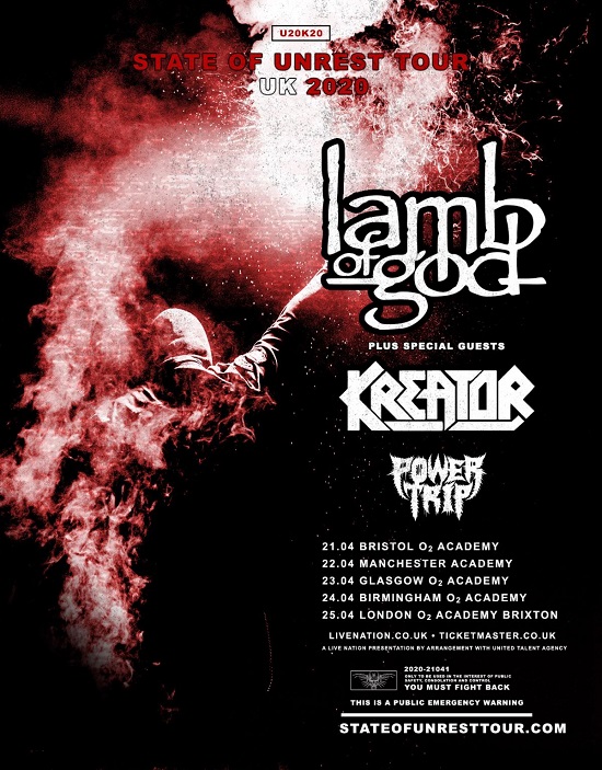 Poster for Lamb of God 2020 tour