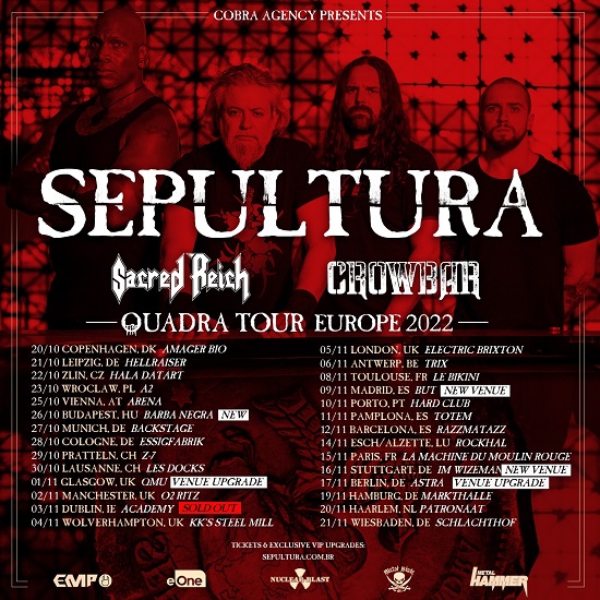Poster for Sepultura's re-arranged 2022 tour dates