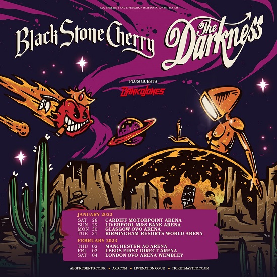 Poster for 2023 UK tour by Black Stone Cherry and The Darkness