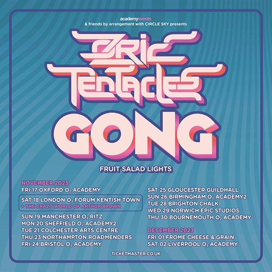 Poster for November 2023 co-headline tour by Gong and Ozric Tentacles