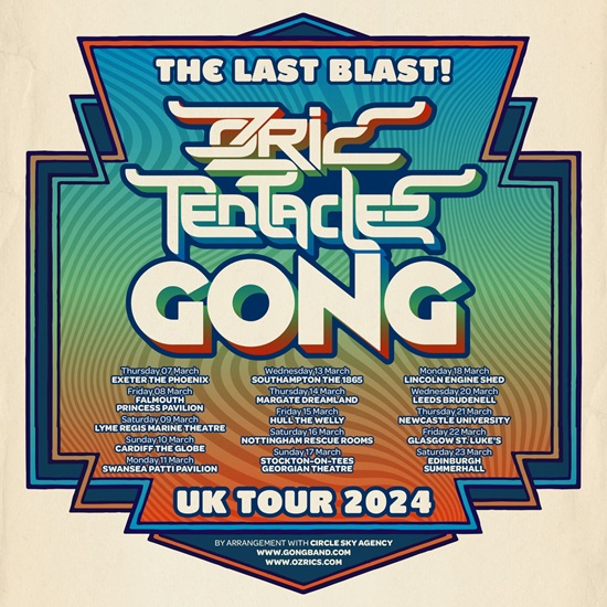 Poster for March 2024 co-headline tour by Gong and Ozric Tentacles