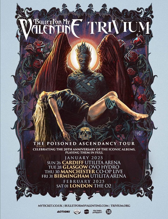 Bullet For My Valentine and Trivium have announced a five-date co-headlining arena tour for the beginning of 2025, to mark the 20th anniversaries of the release of their respective debut albums, 'The Poison' and 'Ascendancy'