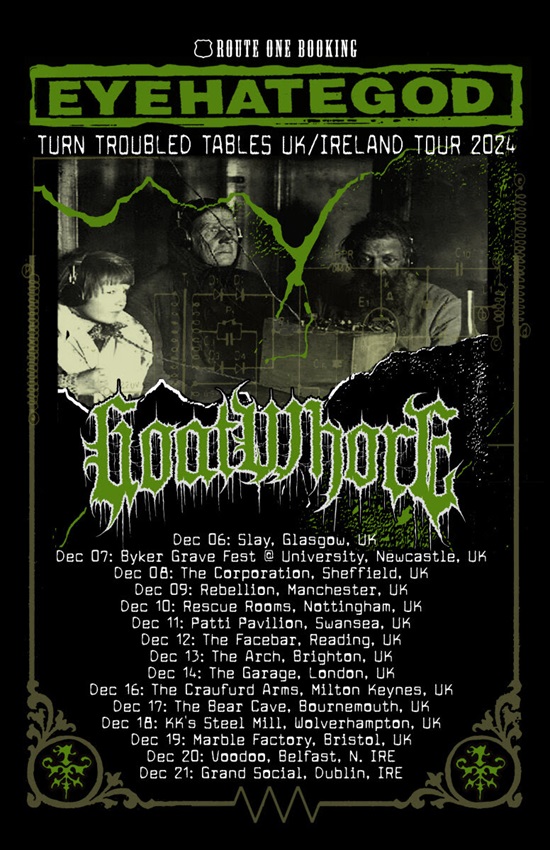 Poster for 2024 UK and Ireland tour by EyeHateGod and Goatwhore