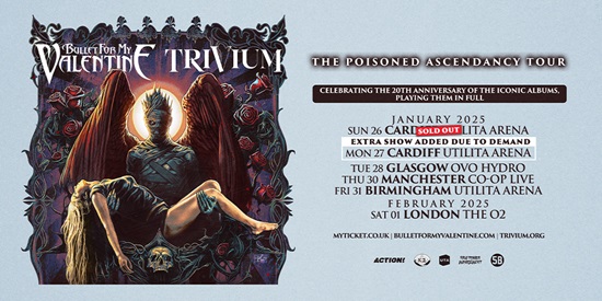 Updated poster for the Poisoned Ascendancy 2024 tour featuring Bullet For My Valentine and Trivium