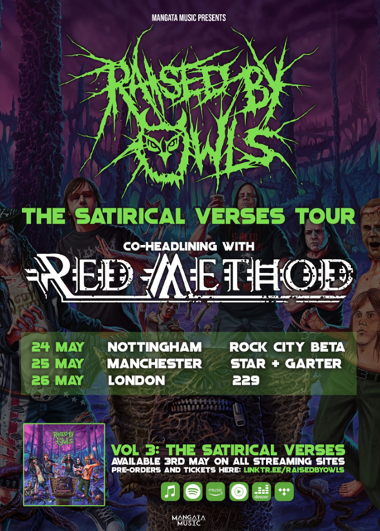 Poster for May 2024 co-headline by Raised By Owls and Red Method