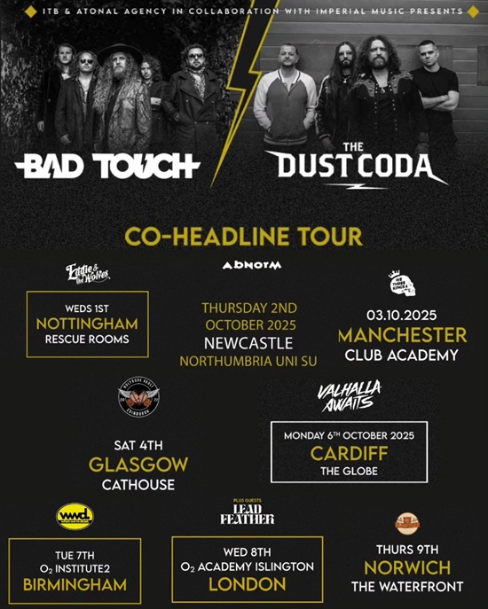 Poster for October 2025 co-headline tour by Bad Touch and The Dust Coda