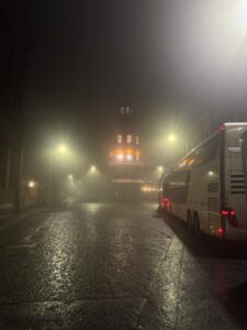 Tour buses outside The Telegraph Building, Belfast.